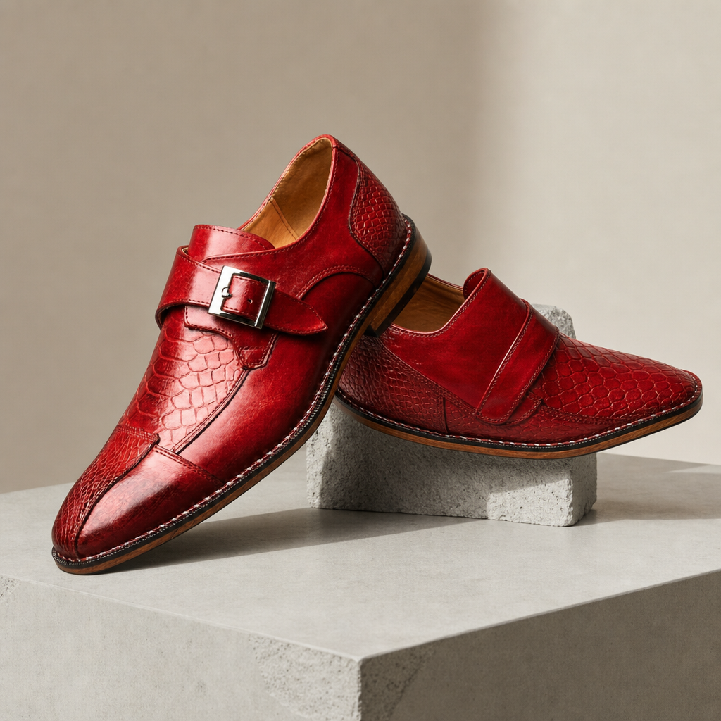 Birgu Croc Embossed Monk Strap in Red