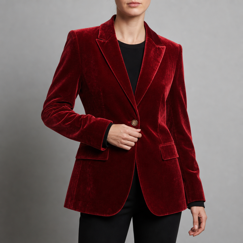 Leros Velvet Single-Button Blazer in Red