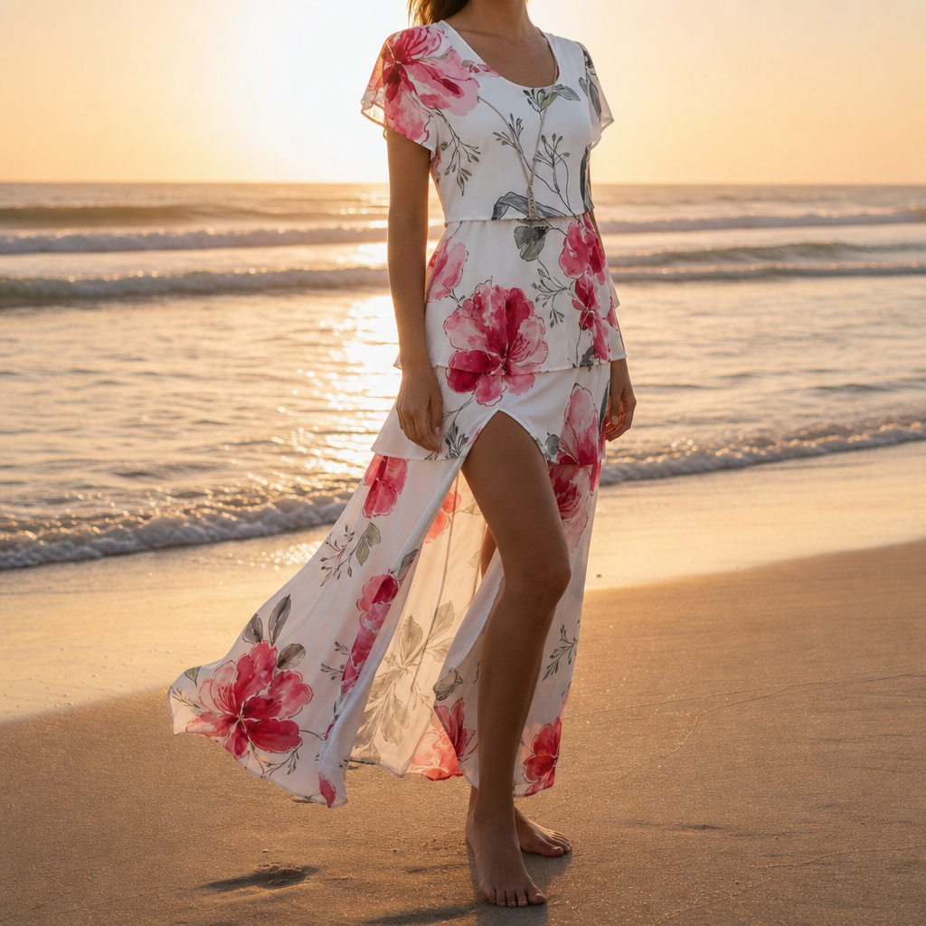 Nerja Floral Tiered Cascade Dress in Red
