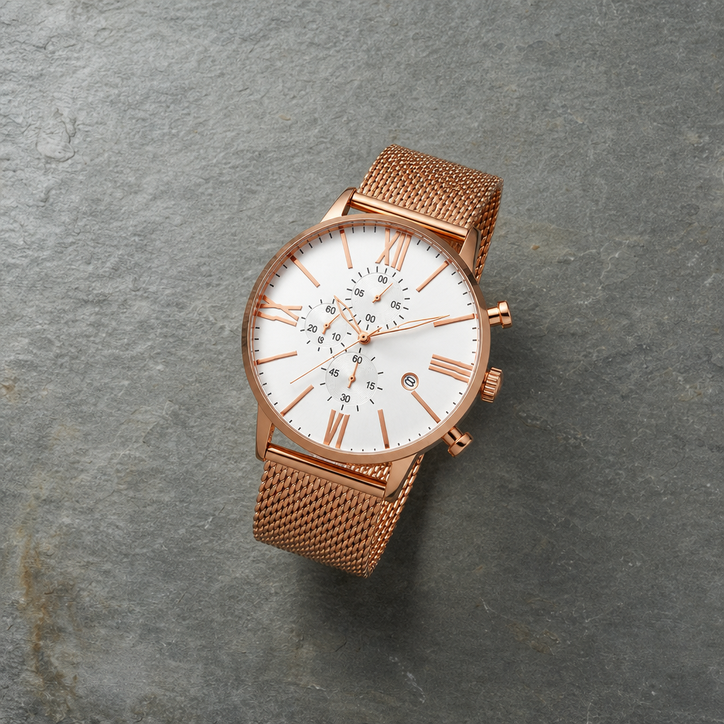 Girona Blue Mesh Chronograph Watch in Rose Gold
