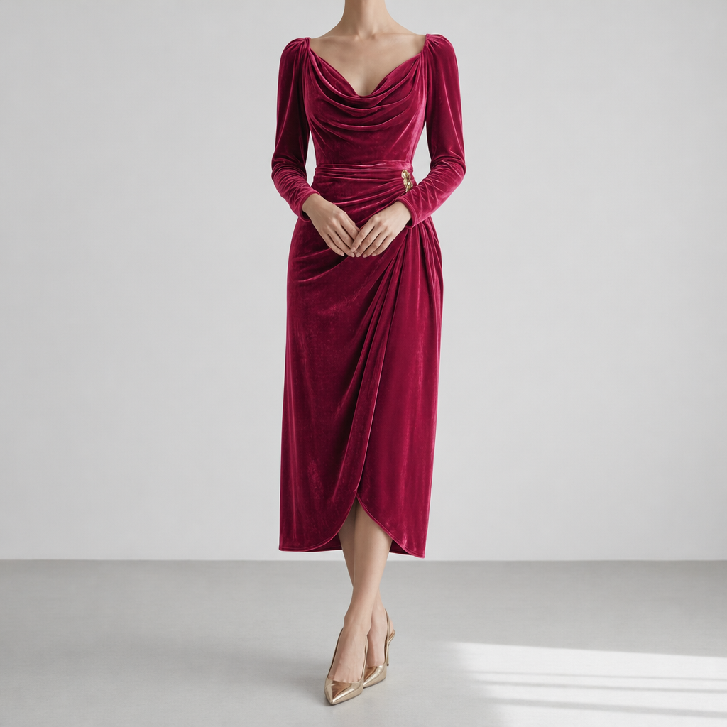 Trujillo Ruched Velvet Midi Dress in Rose Red