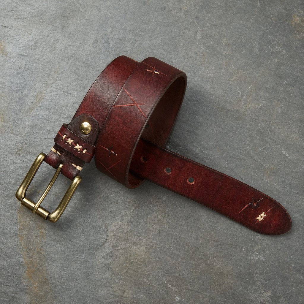 Santorini Hand Stitched Leather Belt in Rust Brown