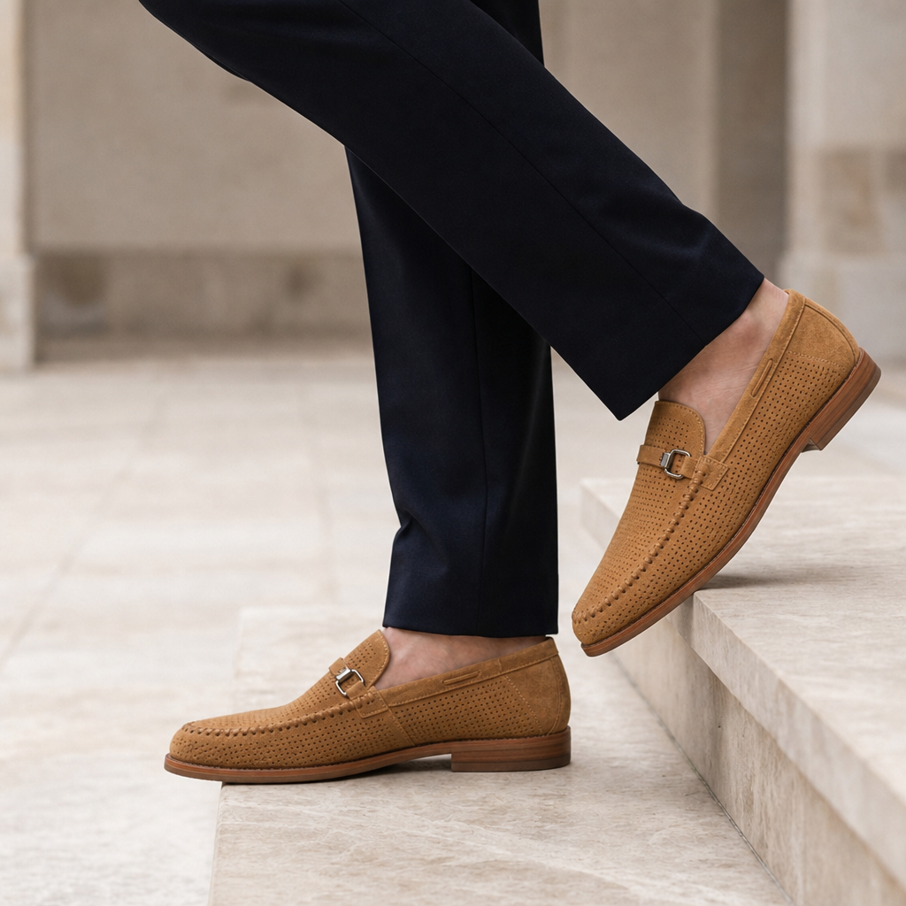 Cassis Perforated Suede Loafers in Saddle Tan