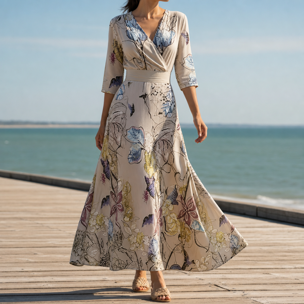 Kefalonia Floral Wrap Maxi Dress in Sand Beige