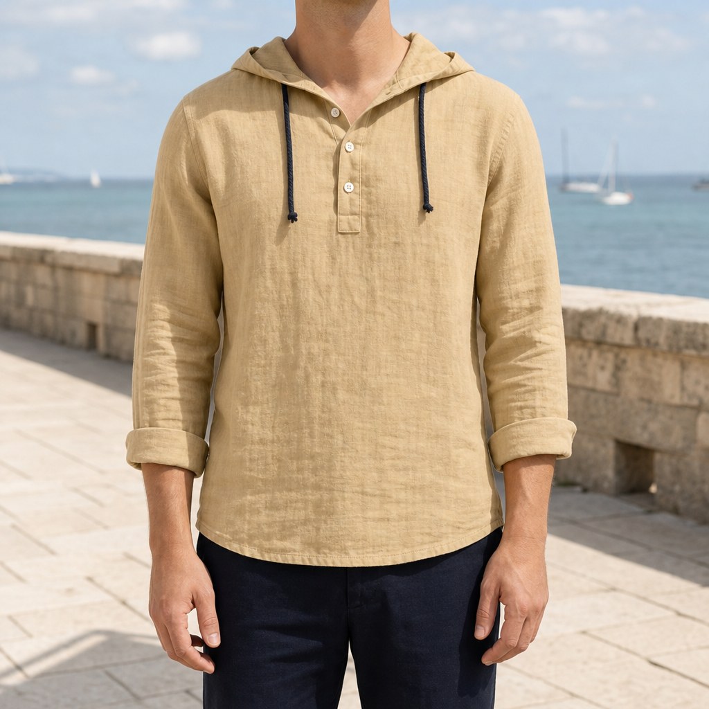 Tavira Linen Hooded Henley in Sand