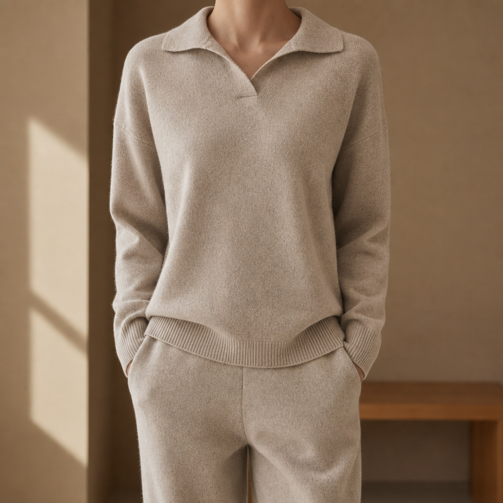 Chianti Cashmere Polo Sweater Set in Sandstone