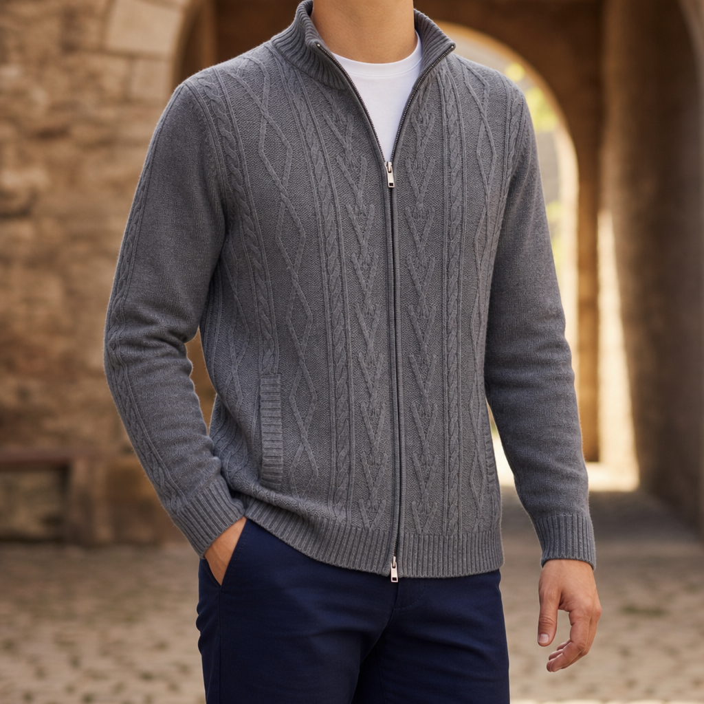 Hvar Cable Knit Zip Cardigan in Steel Grey