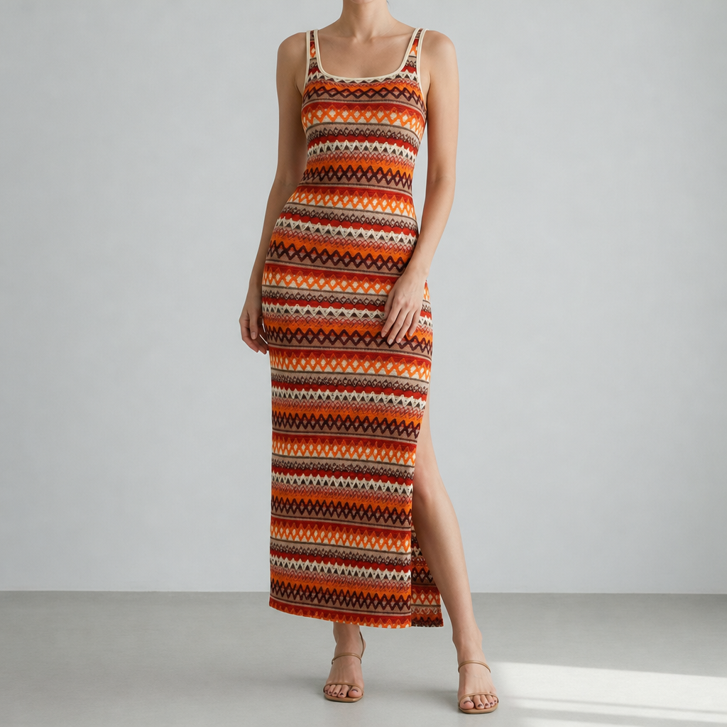 Saint Tropez Boho Stripe Knit Dress in Sunset Orange