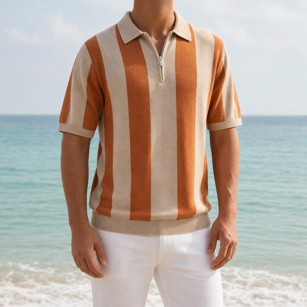 Urbino Striped Zip Polo in Tan