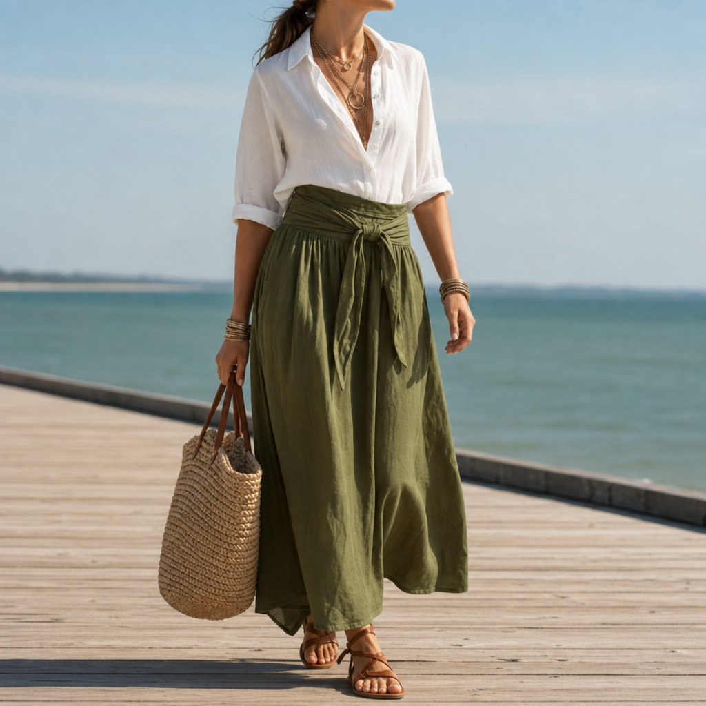 Beaulieu Linen Shirt Skirt Set in White Green