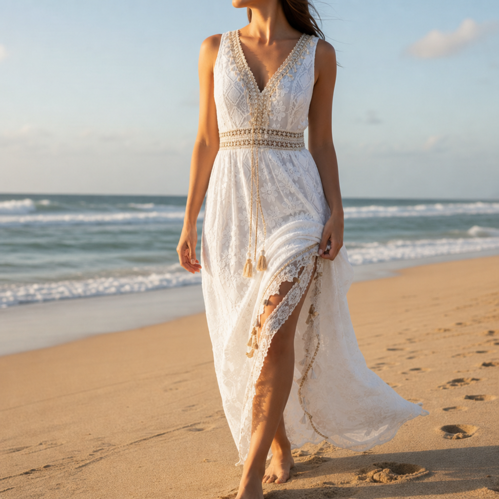 Tavira Boho Lace Maxi Dress in White
