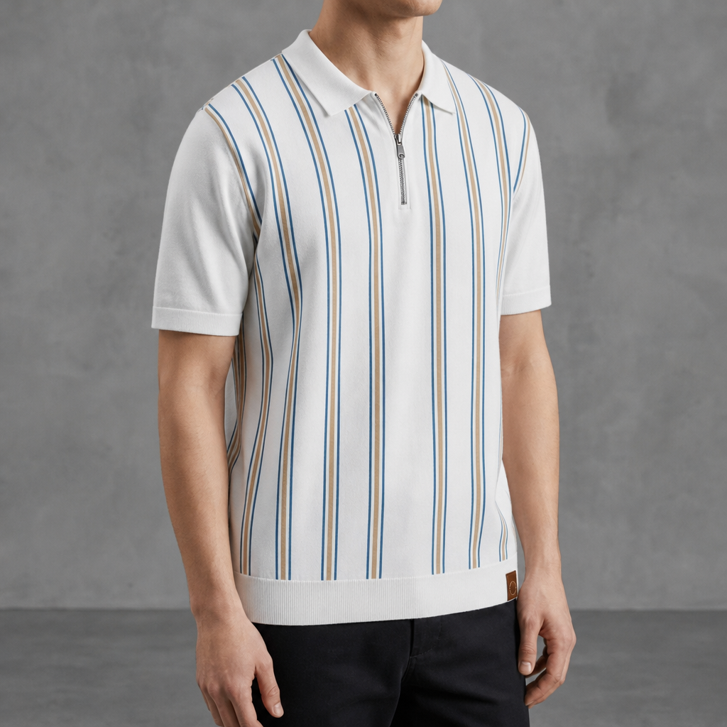 Sitges Stripe Zip Knit Polo in White