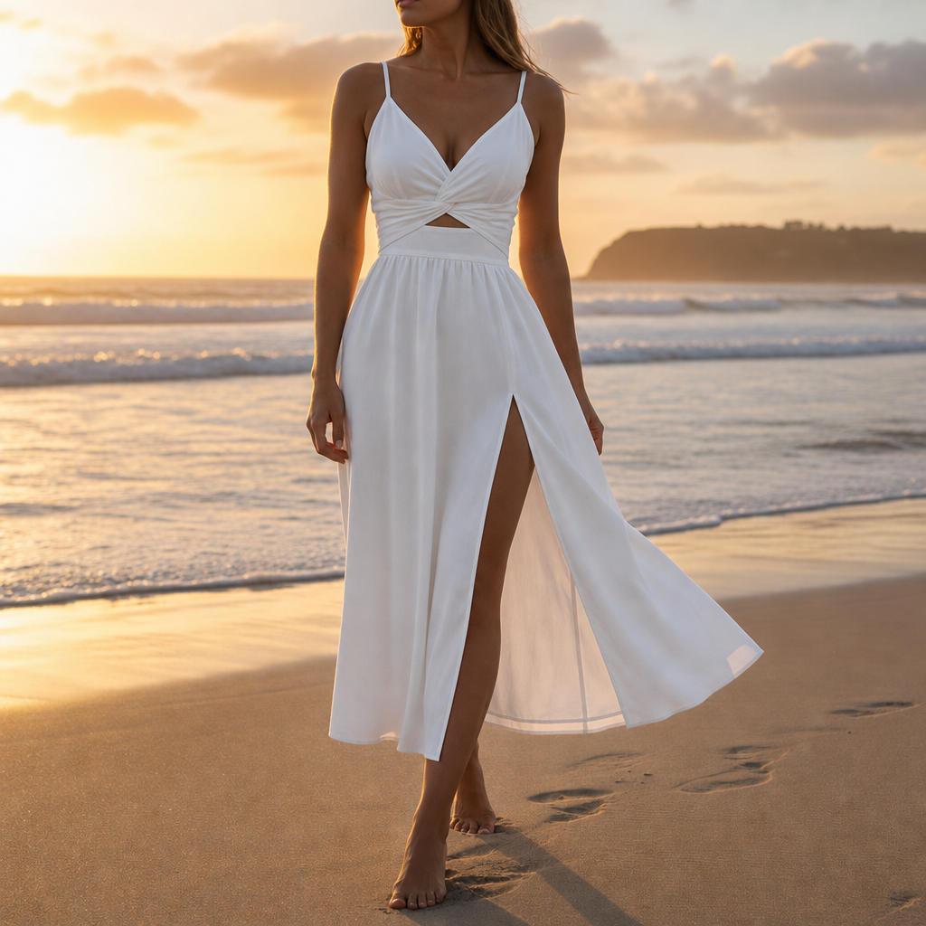 Antiparos Cut-Out Slit Midi Dress in White