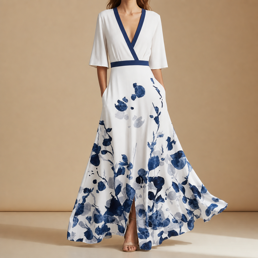 Trento Floral V-Neck Maxi Dress in White