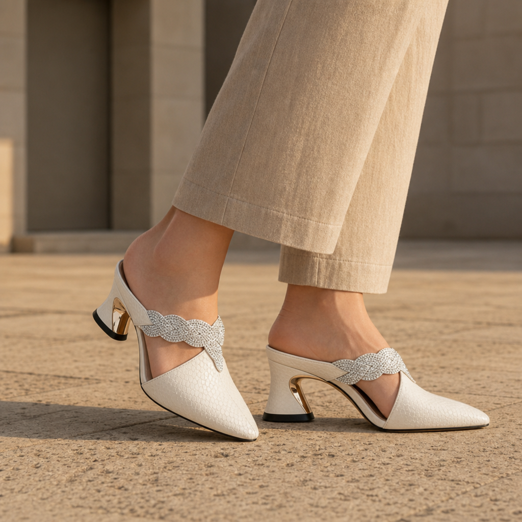 Sorrento Crystal Strap Sculptural Mule in White