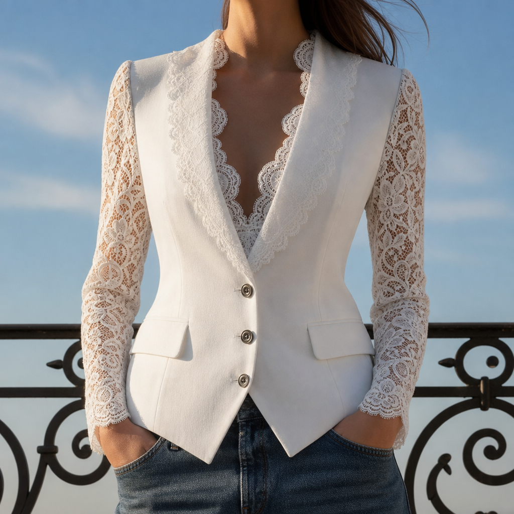 Ericeira Lace Panel Blazer Top in White