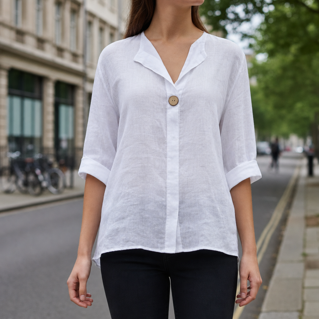 Amorgos Linen V-Neck Blouse in White