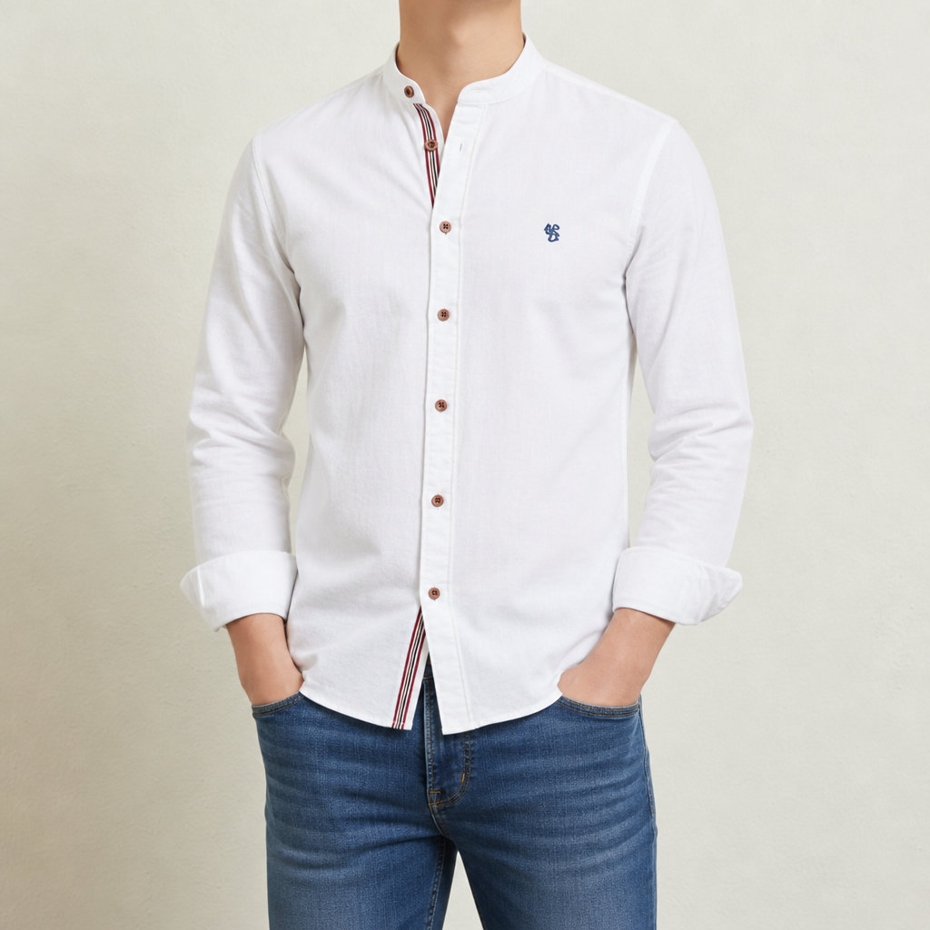 Naxos Band Collar Cotton Shirt in White