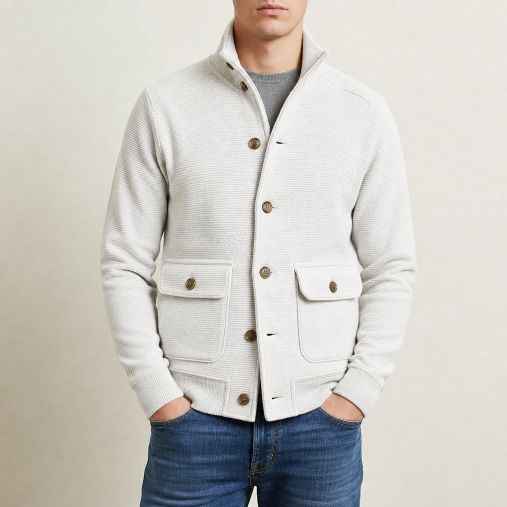 Merano Stand Collar Knit Jacket in White