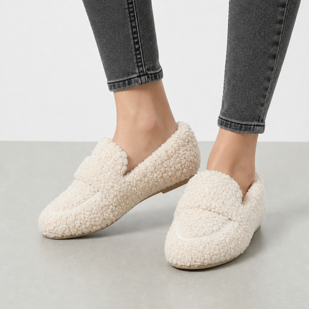 Kos Fluffy Sherpa Loafers in Beige