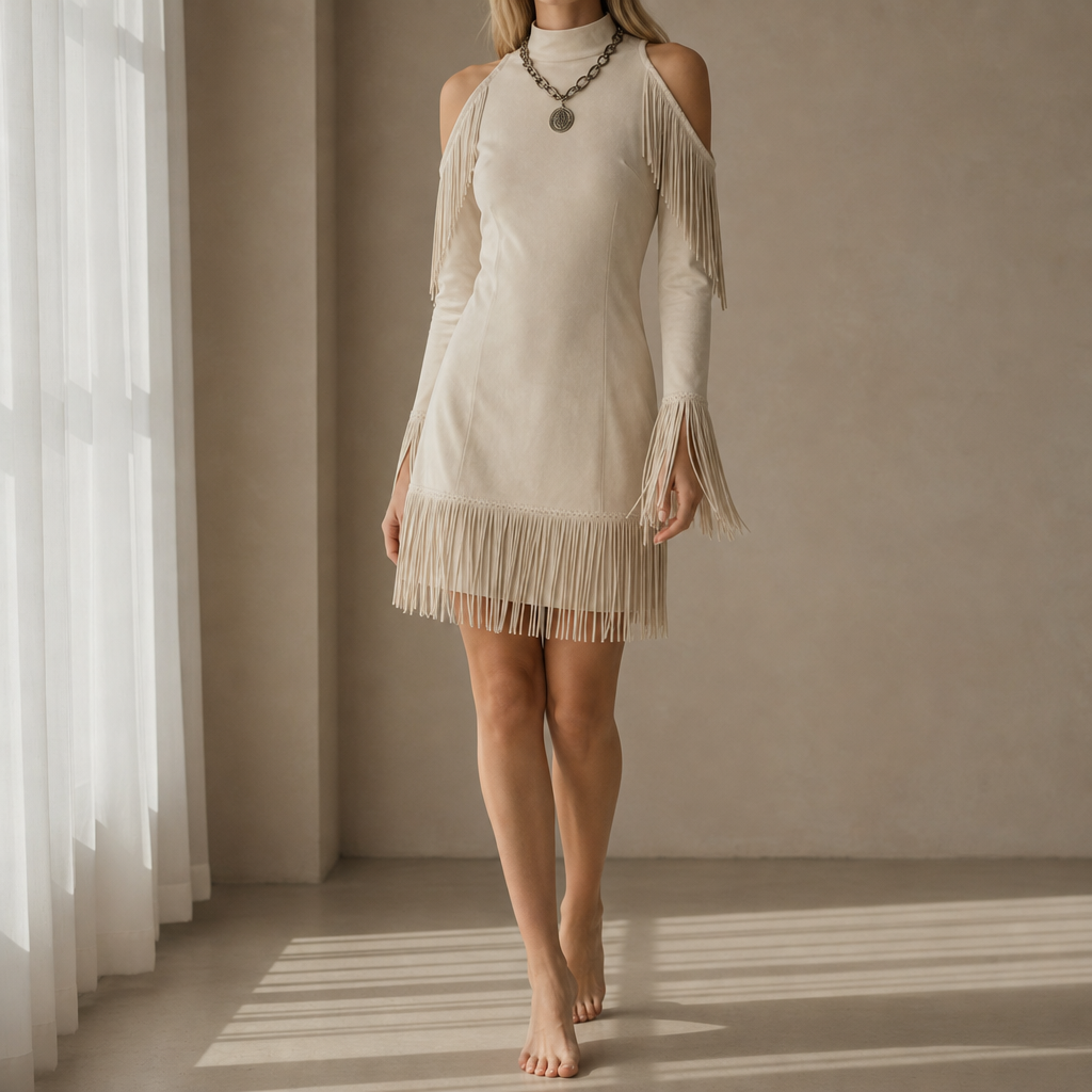 Aveiro Fringe Suede Mini Dress in Beige
