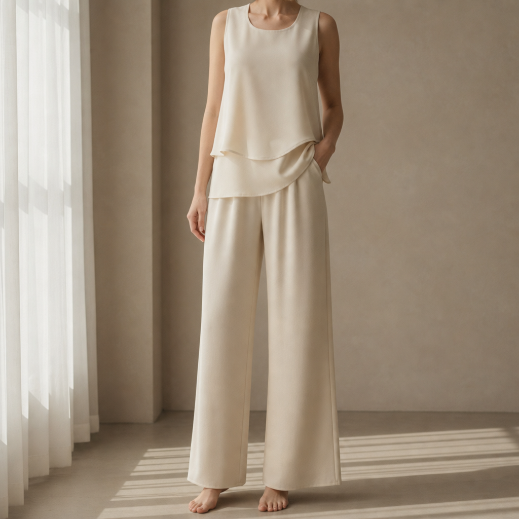 Merida Layered Top Pants Set in Beige