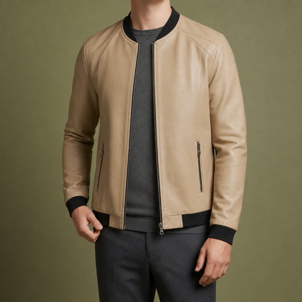 Makarska Leather Bomber Jacket in Beige