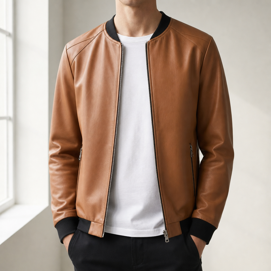 Pylos Faux Leather Bomber Jacket in Beige