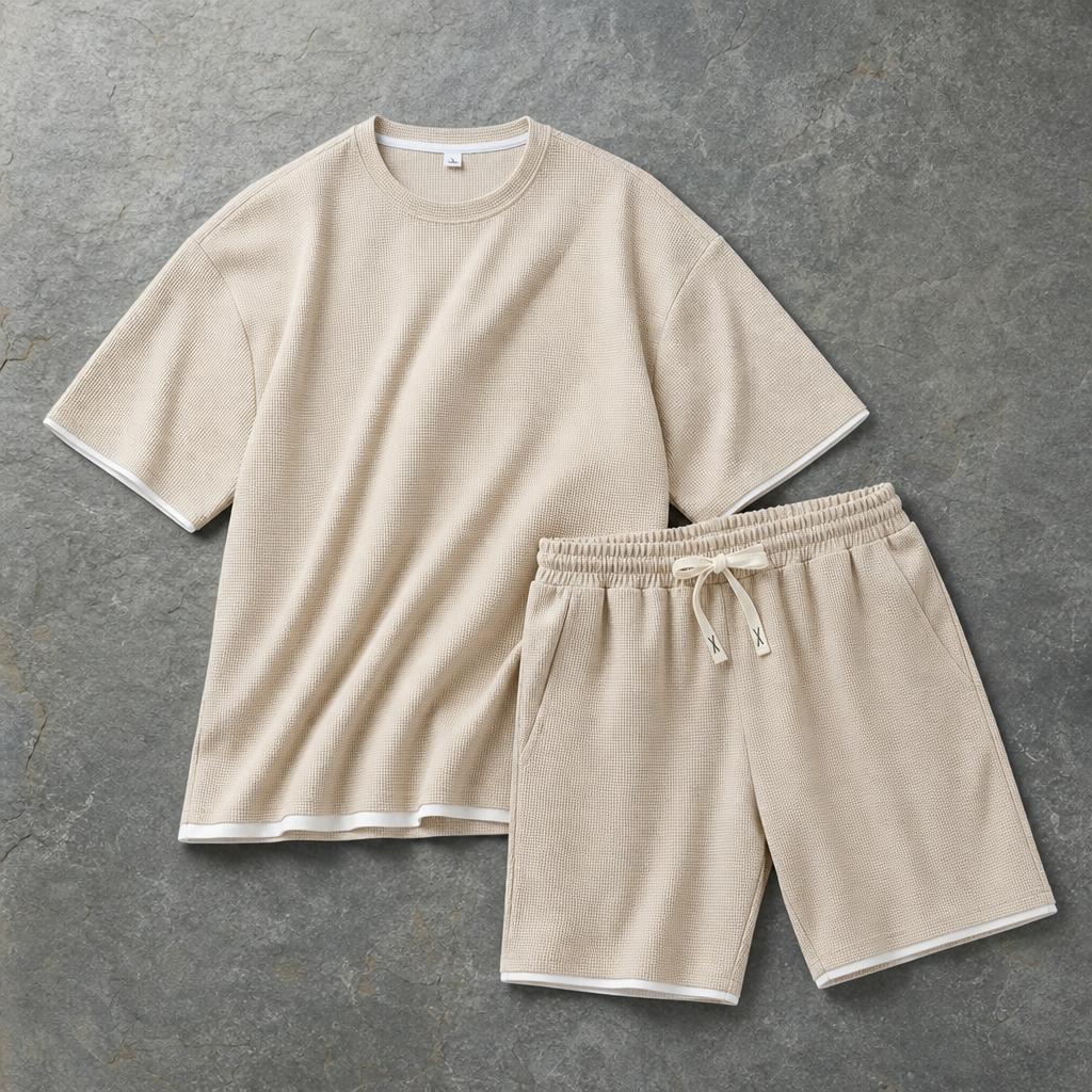 Aix Waffle Knit Lounge Set in Beige
