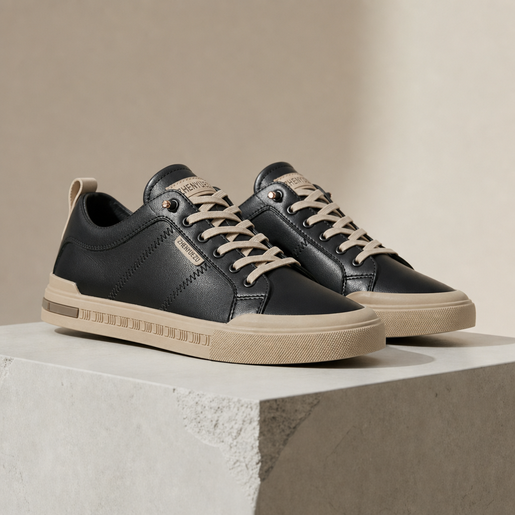 Nimes Leather Low-Top Sneakers in Black/Beige