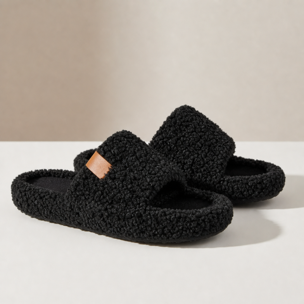 Amarante Sherpa Open-Toe Slippers in Black