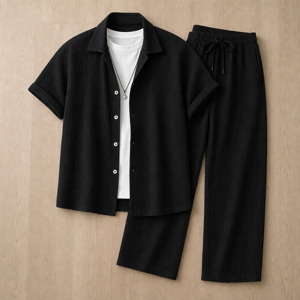 Perugia Textured Linen Co-Ord Set in Black