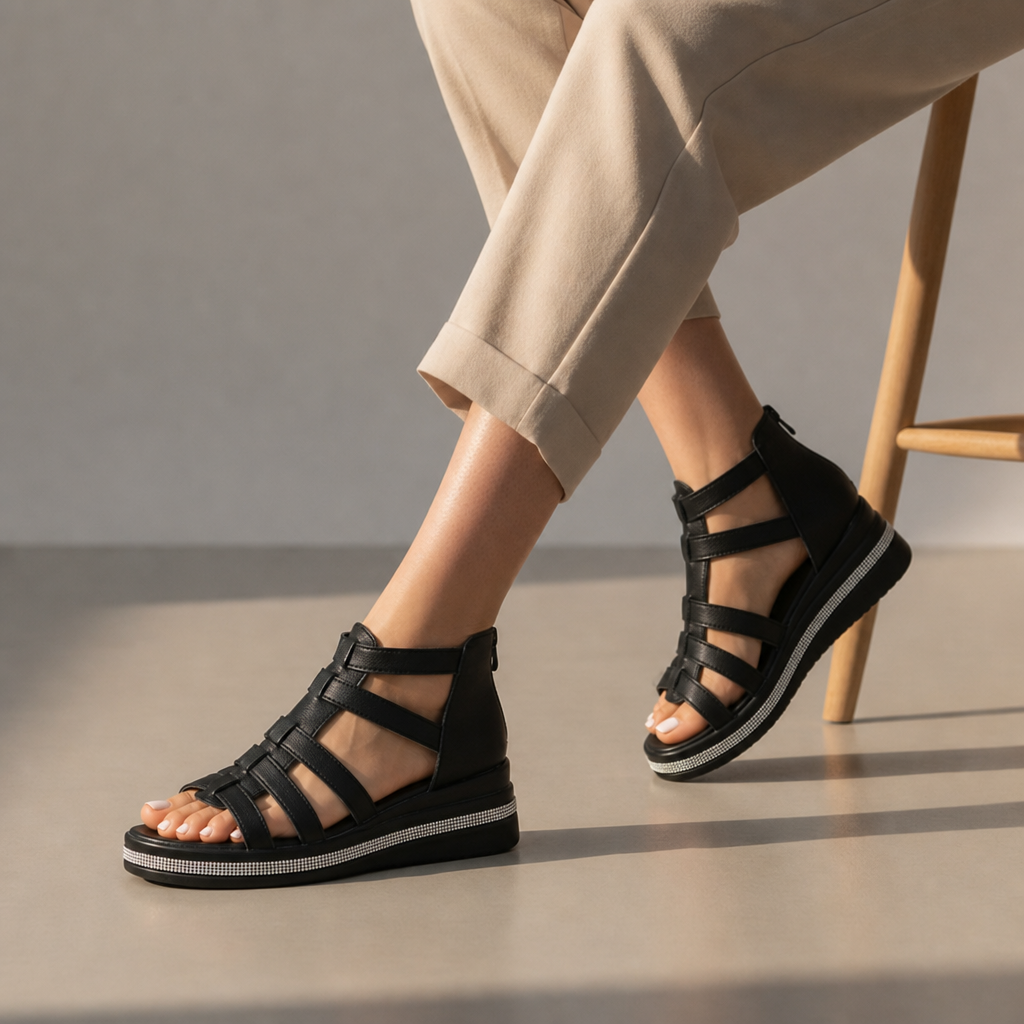 Birgu Orthopedic Gladiator Sandals in Black