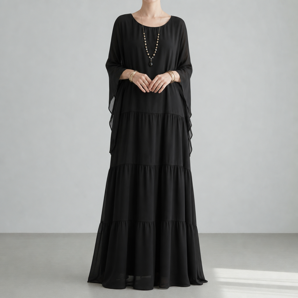 Grasse Tiered Chiffon Maxi Dress in Black