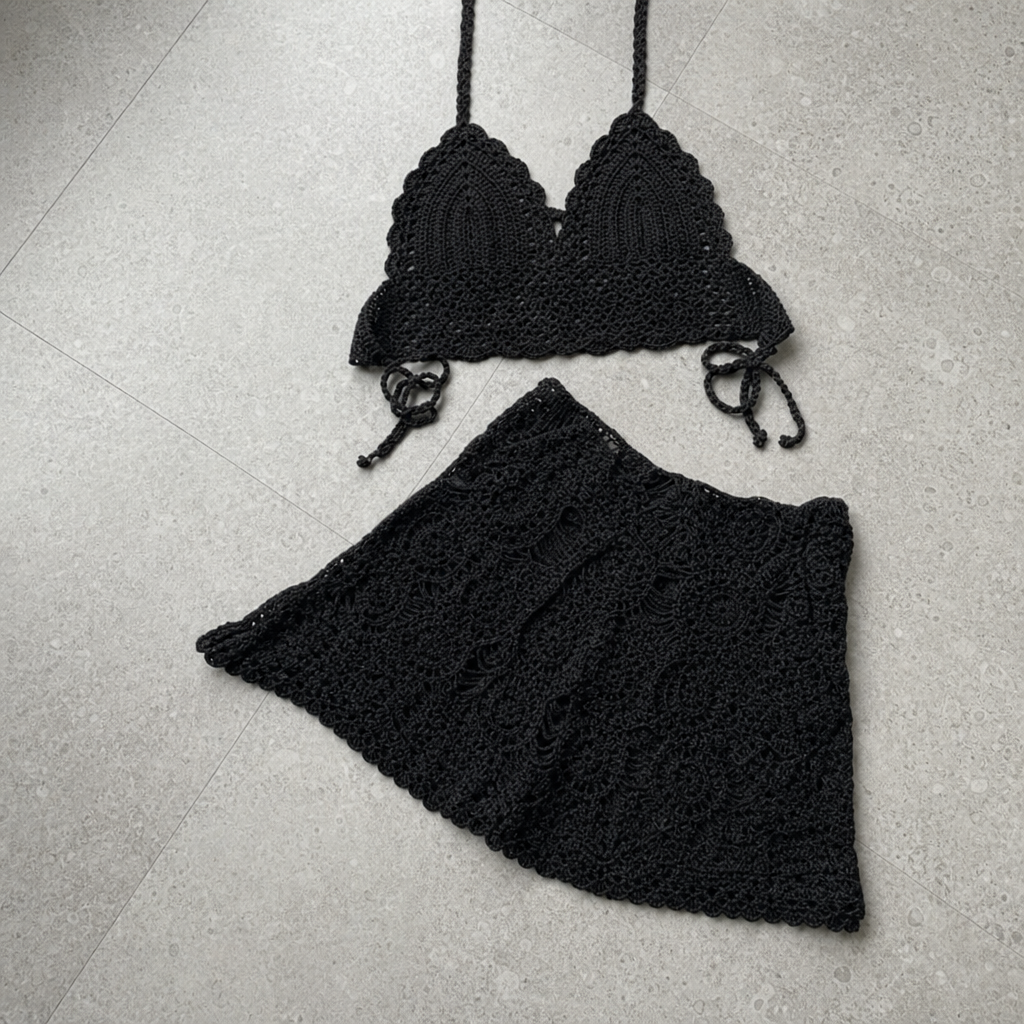 Porteza Crochet Halter Co-Ord Set in Black