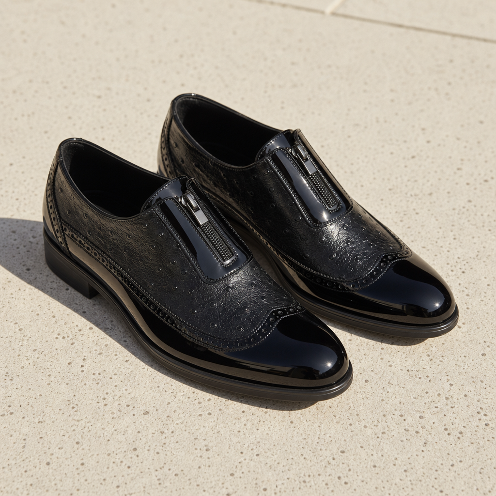 Anzio Ostrich Patent Oxford Shoes in Black
