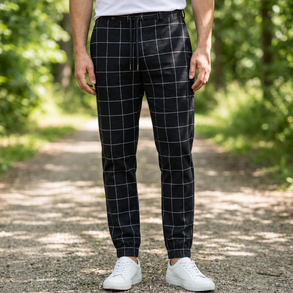 Sibenik Checkered Tapered Joggers in Black