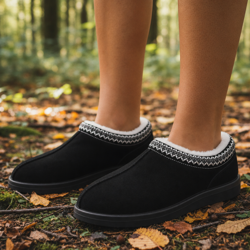 Getaria Fur-Lined Suede Slippers in Black