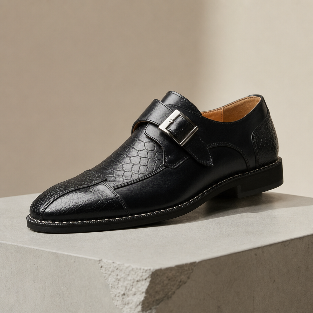 Birgu Croc Embossed Monk Strap in Black