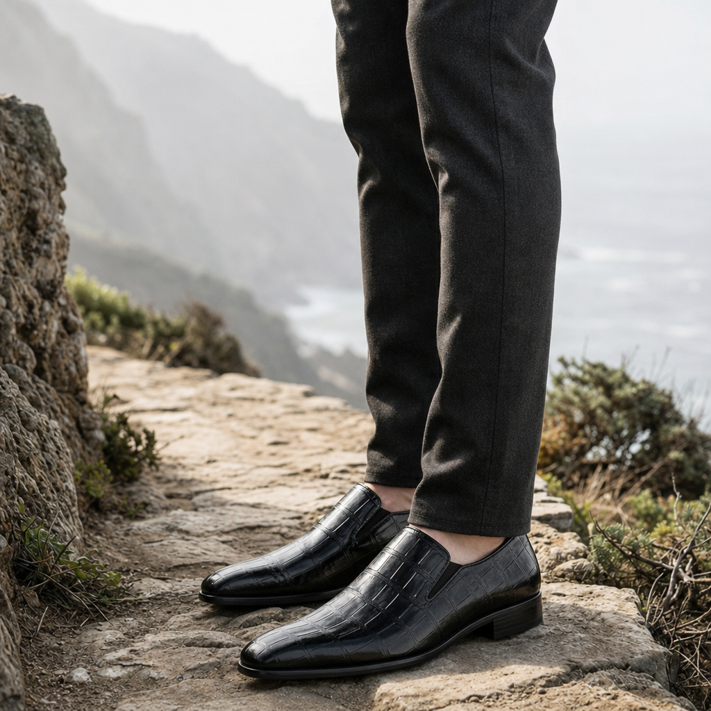 Bolzano Croc Embossed Slip-On Oxford in Black