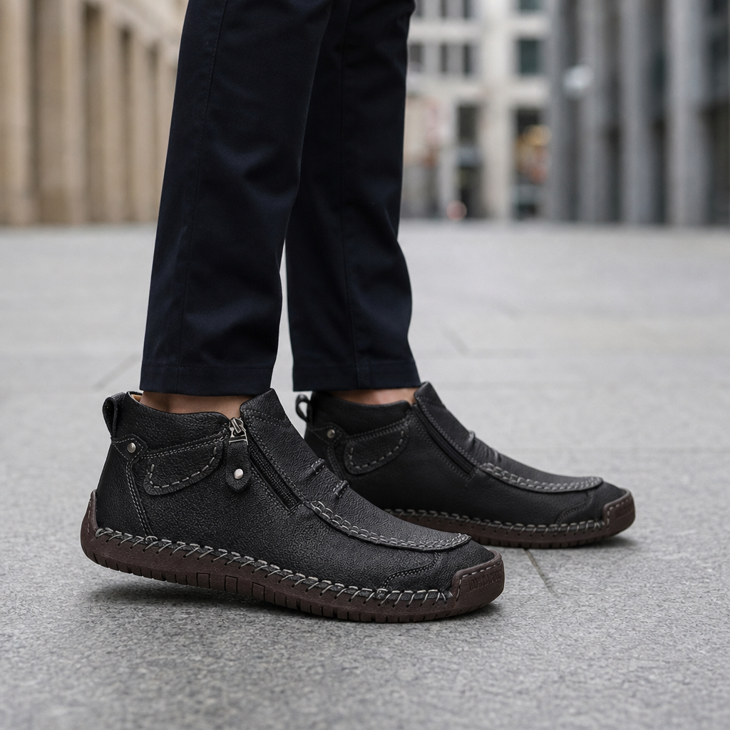 Antibes Whipstitch Leather Ankle Boots in Black
