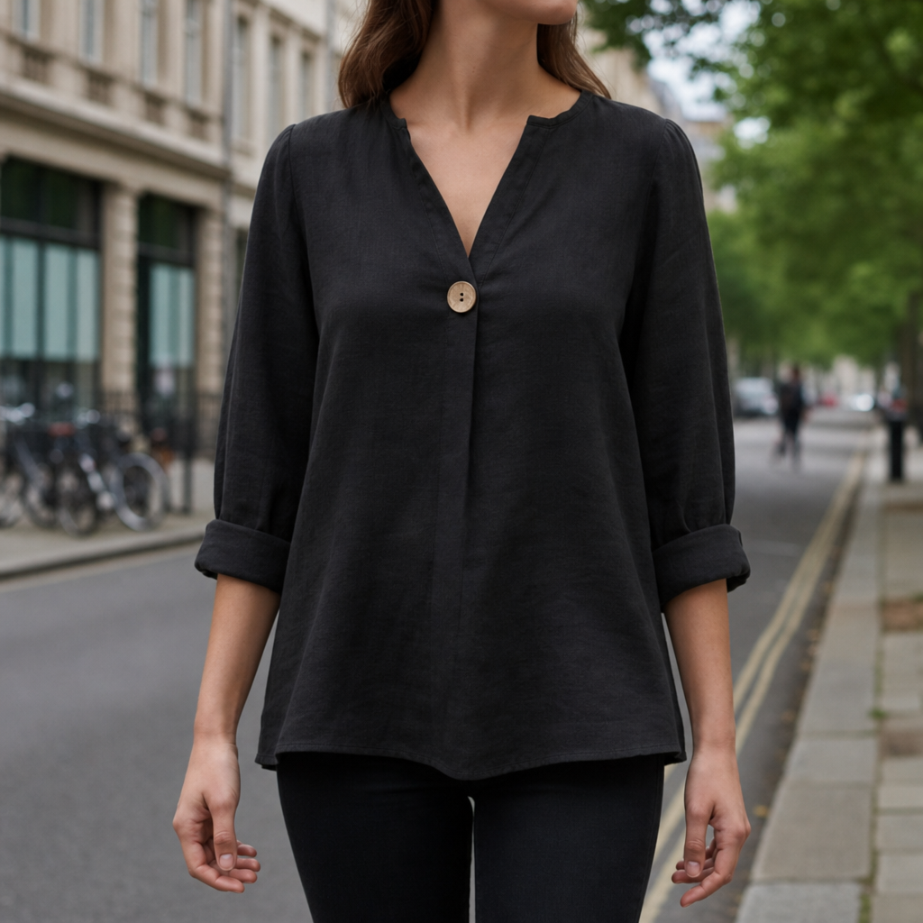 Amorgos Linen V-Neck Blouse in Black