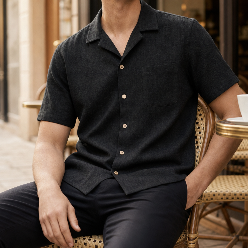 Baeza Linen Camp Collar Shirt in Black