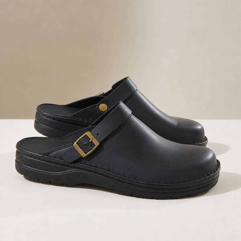 Hvar Leather Buckle Clogs in Black