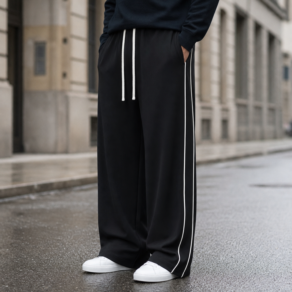 Calvi Wide-Leg Stripe Pants in Black