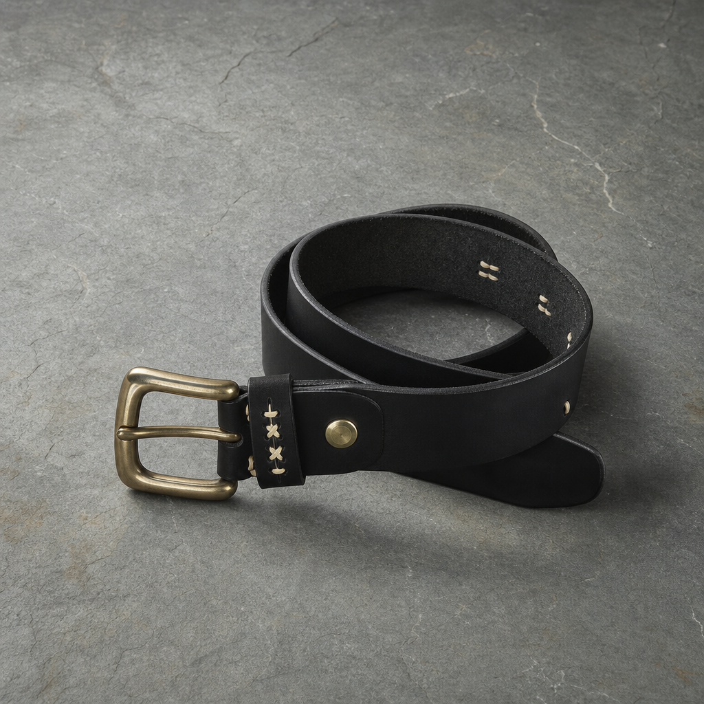 Lucca Handstitched Cowhide Leather Belt in Black