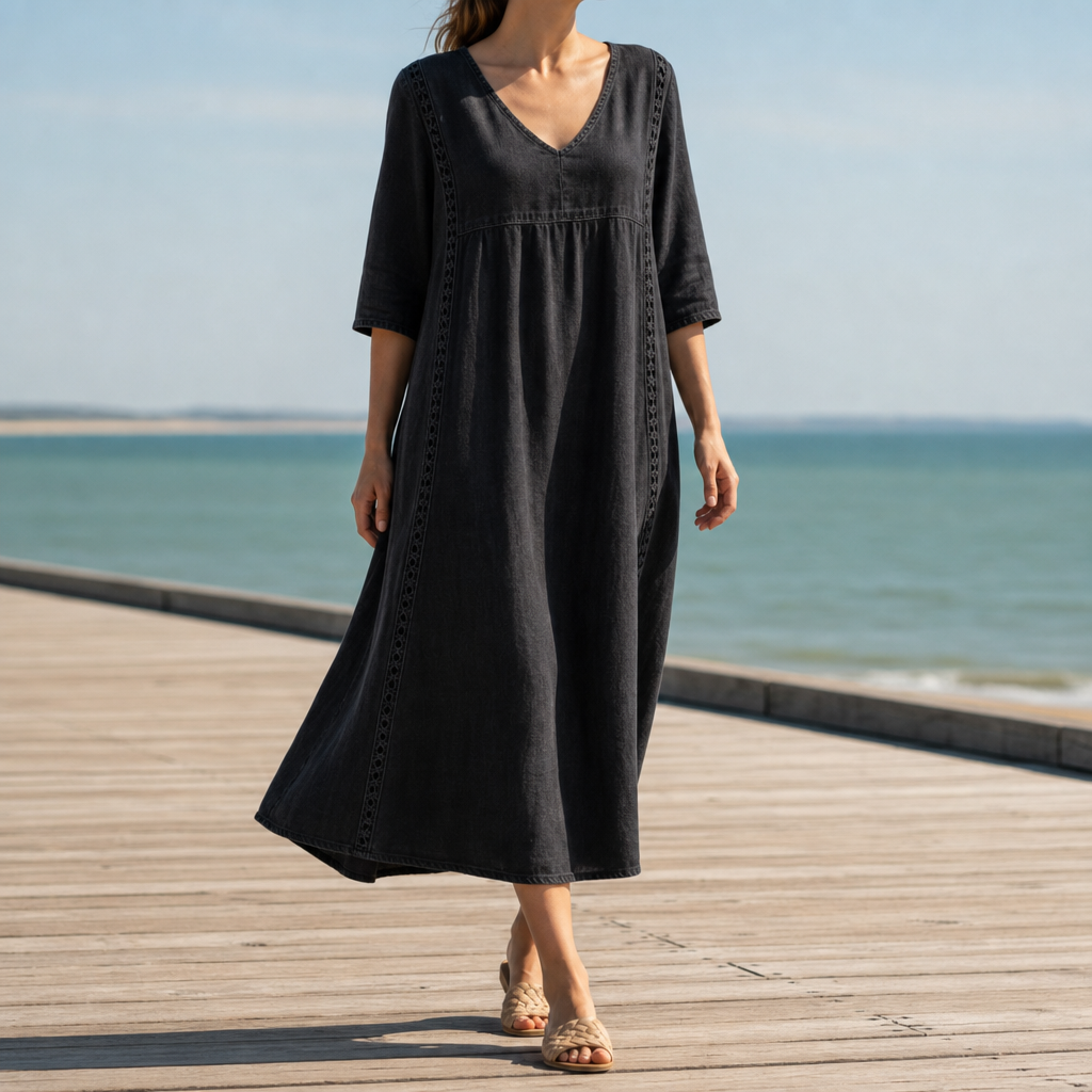 Alonnisos Lace Trim Midi Dress in Black