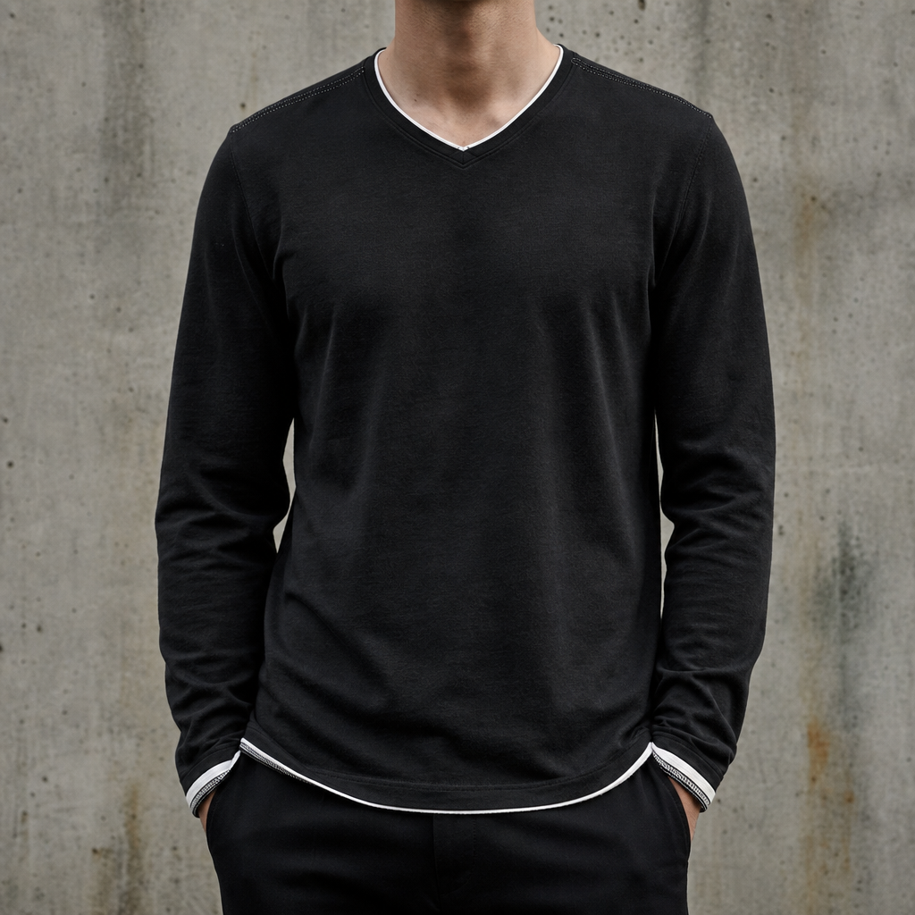 Ceret Contrast Trim V-Neck Tee in Black
