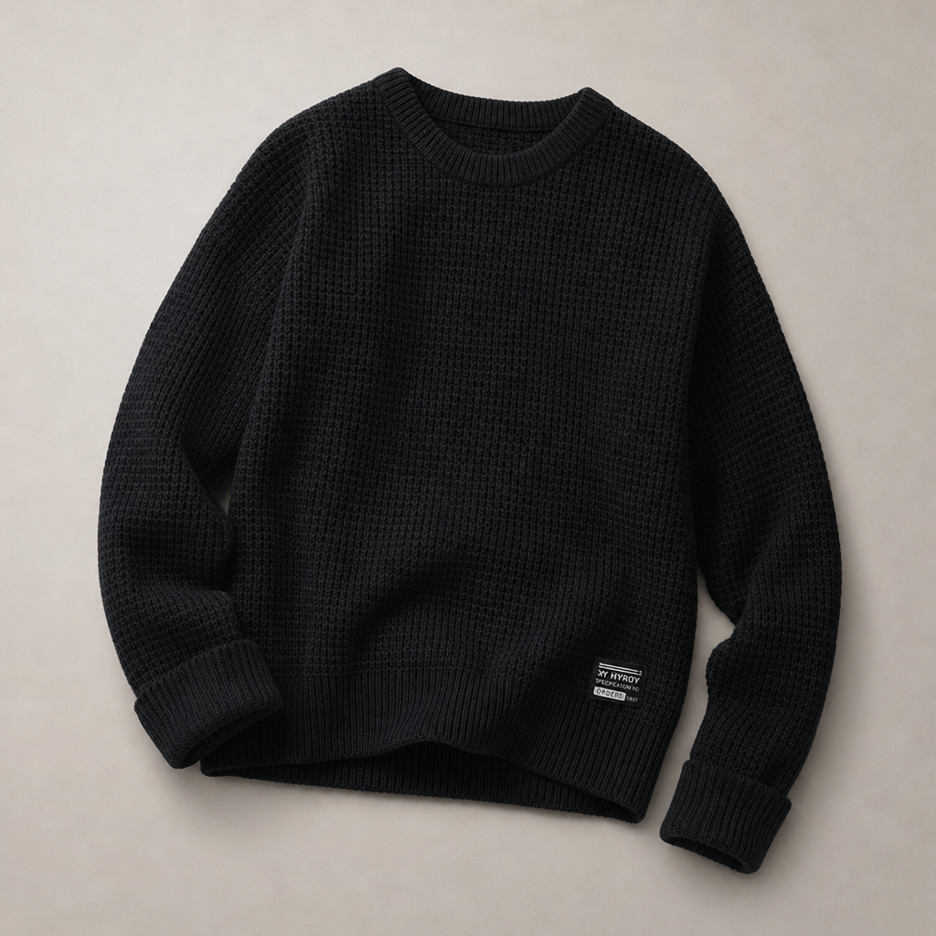 Corfu Waffle Knit Crewneck in Black