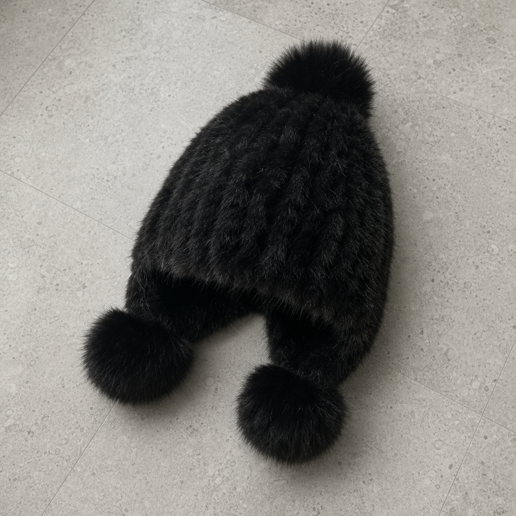 Deia Fur Pompom Beanie in Black